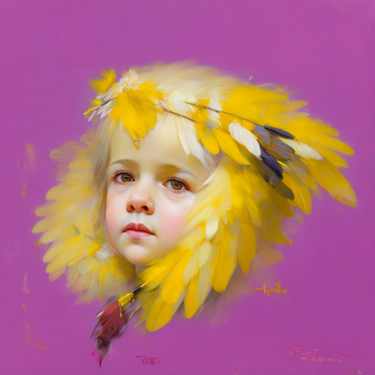 Child with Blue Eyes Wearing Yellow and Black Feather Headdress on Pink Background