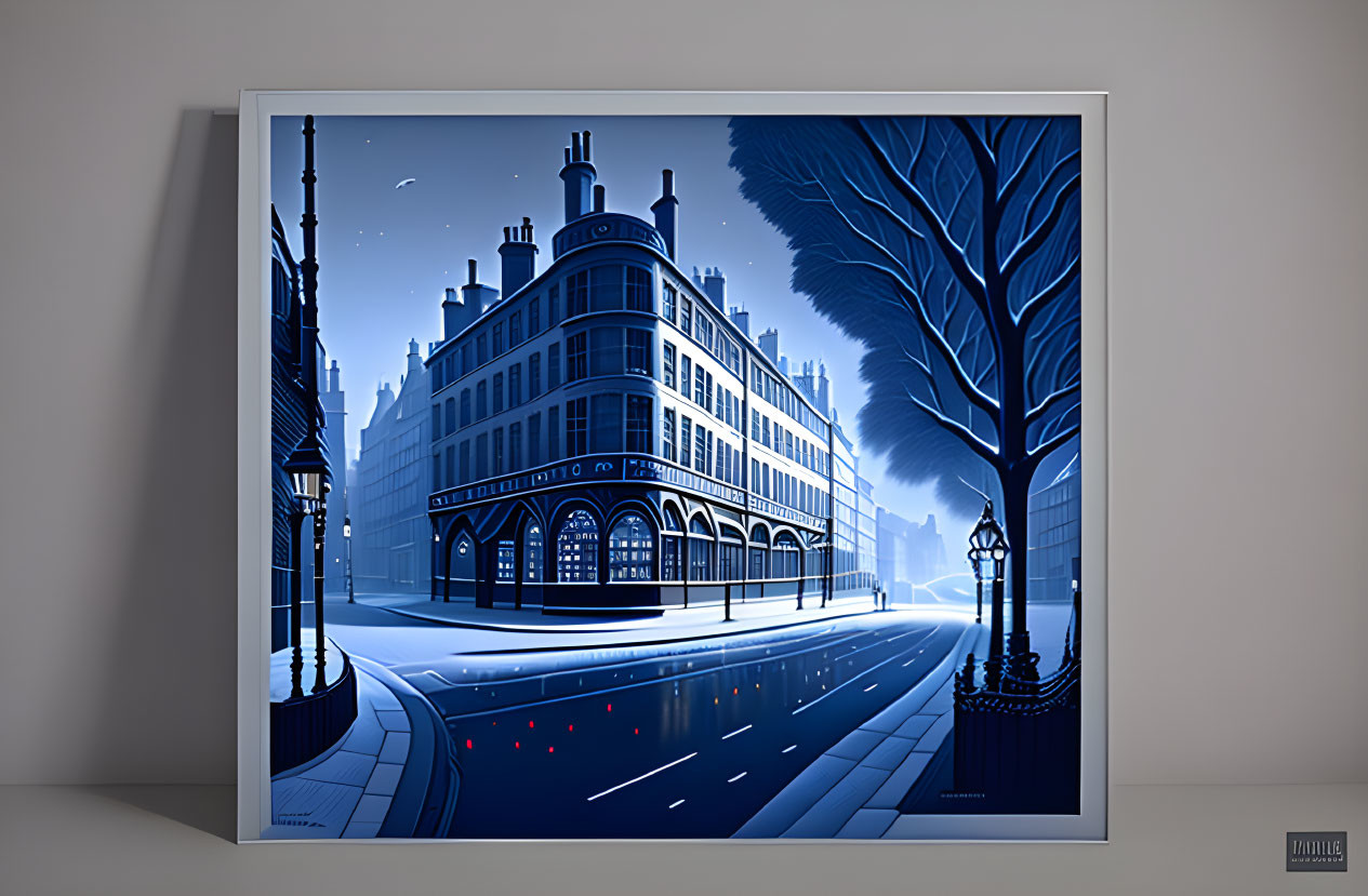 Corner building at dusk with streetlights and tree shadow - serene urban night scene