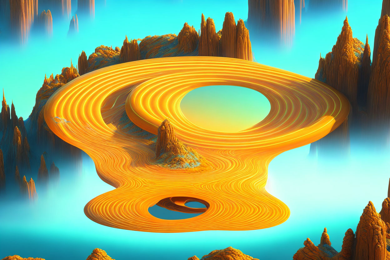 Surreal landscape with swirling orange formation and golden rock spires