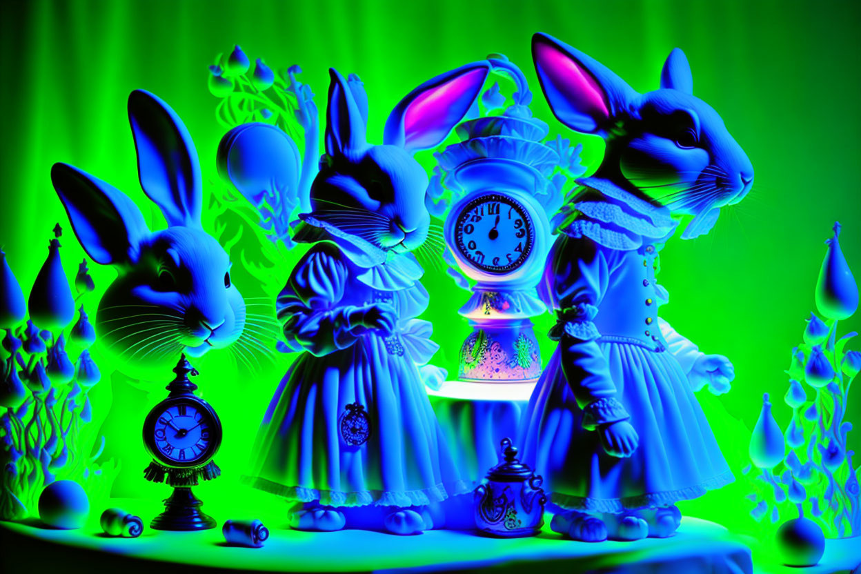 Anthropomorphic rabbits in dresses with timepieces under green and purple light