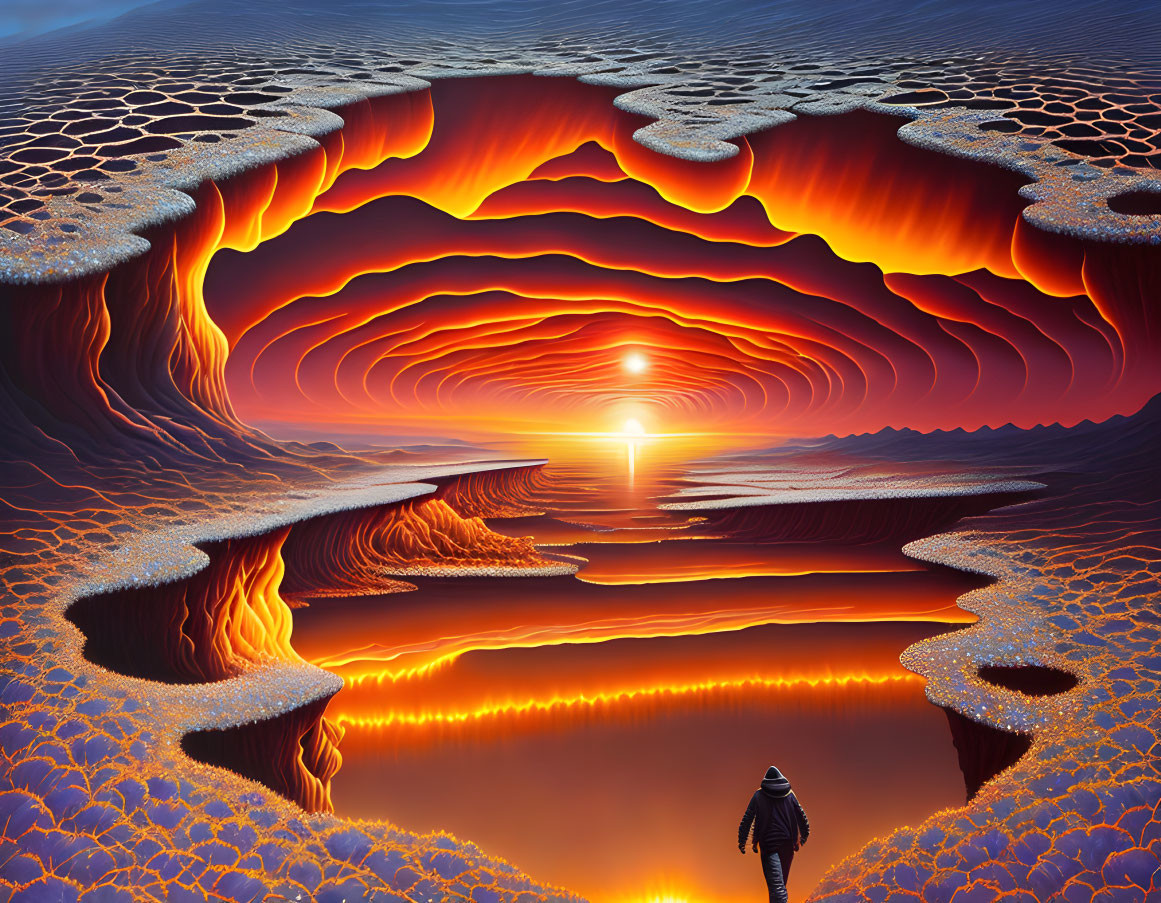 Surreal fractal landscape with fiery orange tones and central sun