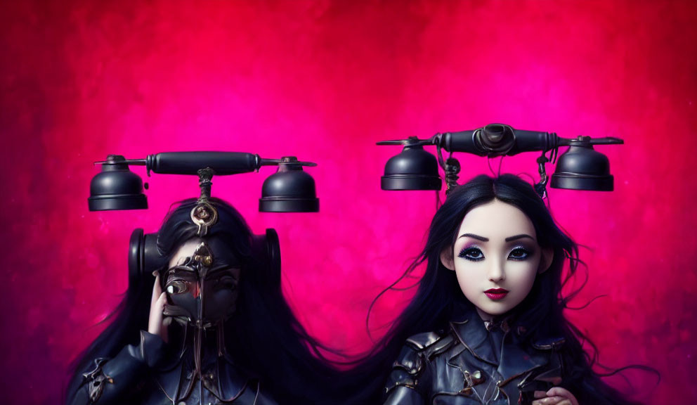 Gothic dolls in dark outfits with mechanical headpieces on pink background