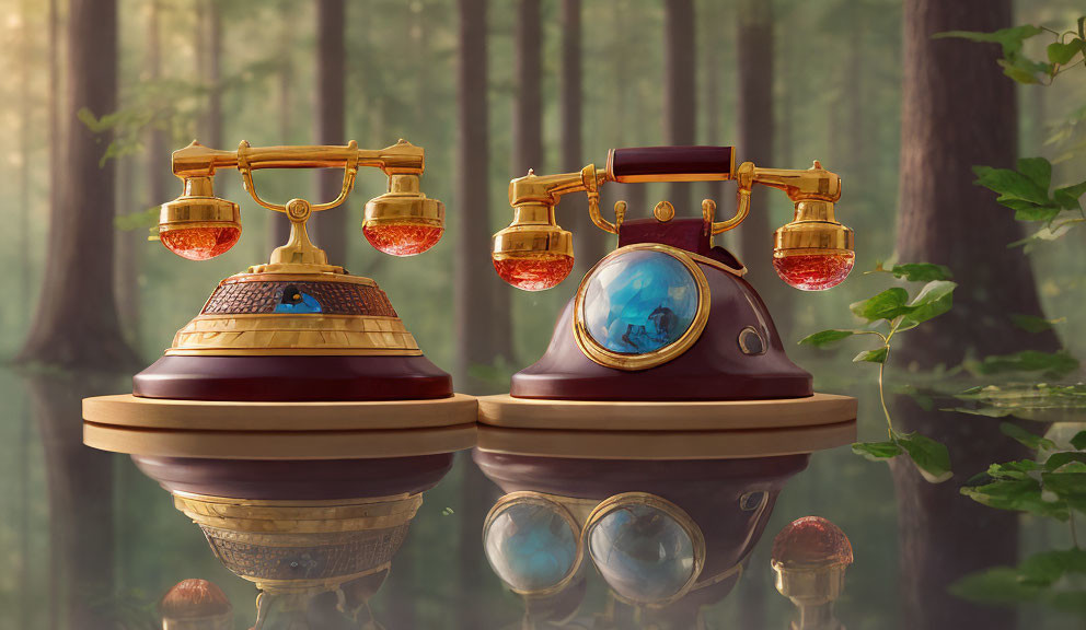 Vintage Telephone with Wooden Base and Golden Accents in Mystical Forest Setting