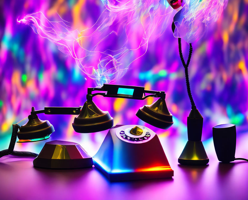 Vintage Telephone with Colorful Neon Lights and Dynamic Energy Beams Reflecting Vibrant Background