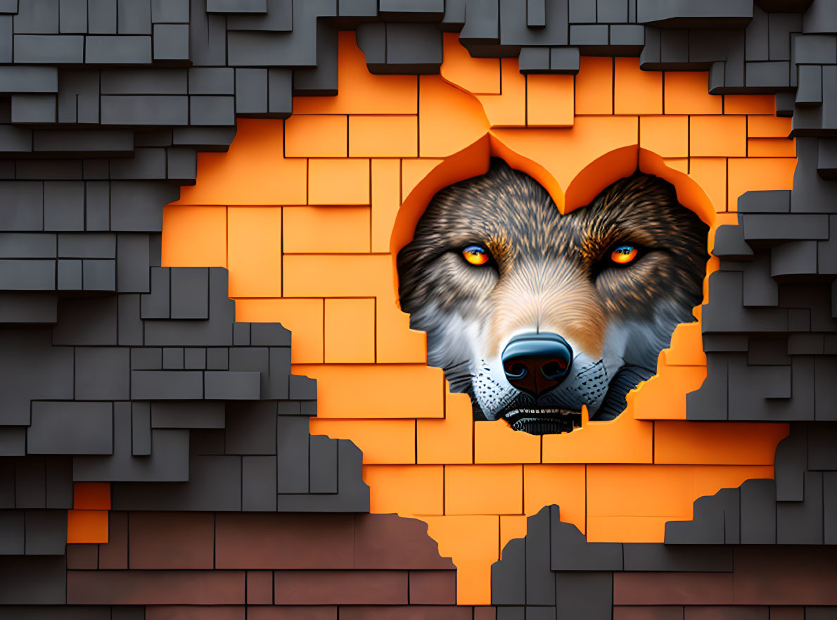 3D illustration: Wolf face breaking through cracked brick wall