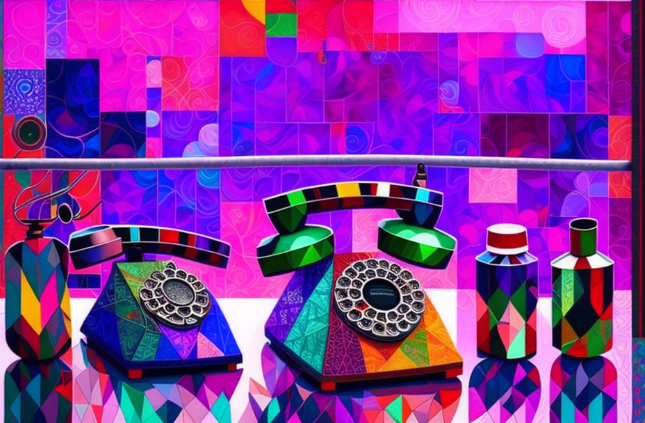 Vibrant digital artwork: vintage rotary telephones and vases on mosaic background