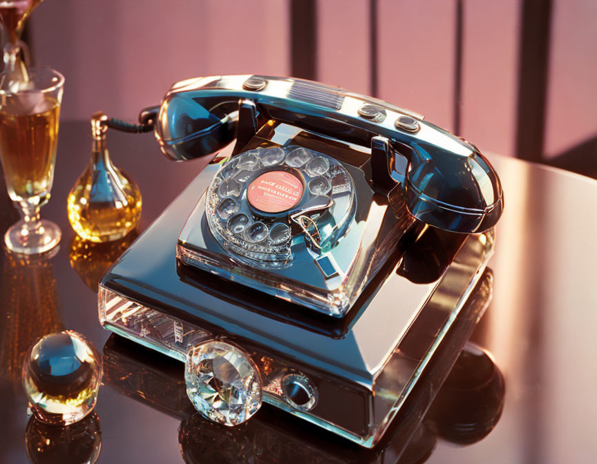 Blue Vintage Rotary Telephone on Reflective Surface with Glass Orbs and Bottle