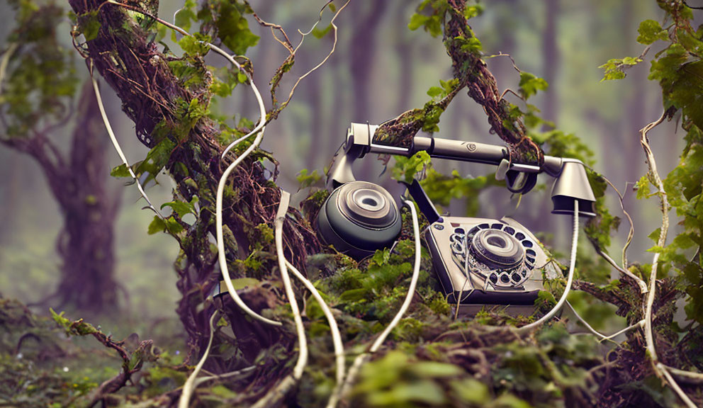 Vintage rotary phone surrounded by vines in forest setting