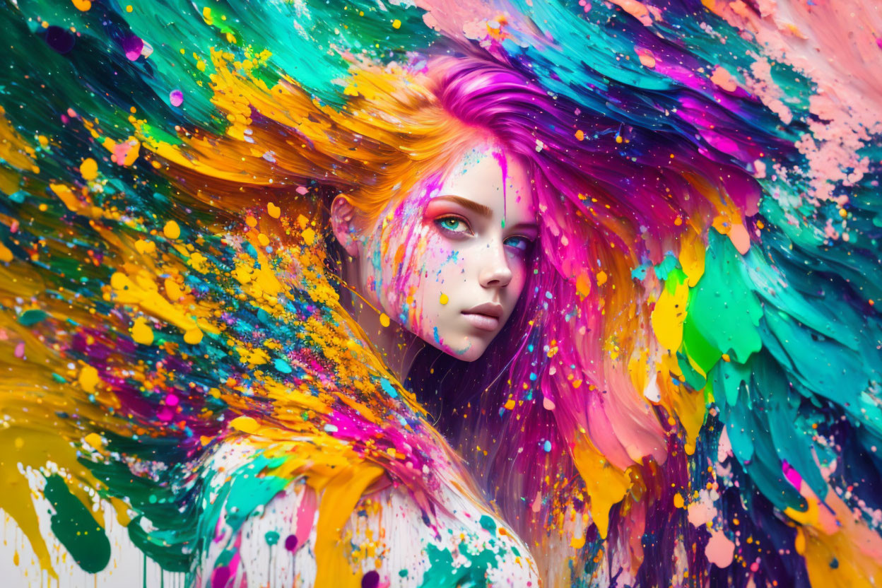 Colorful digital artwork: Woman with paint splashes in hair