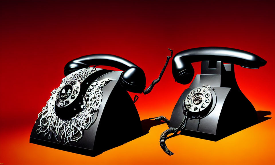 Vintage Rotary Phones with Lifted Handsets on Red-Orange Gradient Background