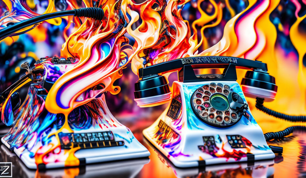 Colorful retro rotary telephone and keyboard with flame designs on fiery background