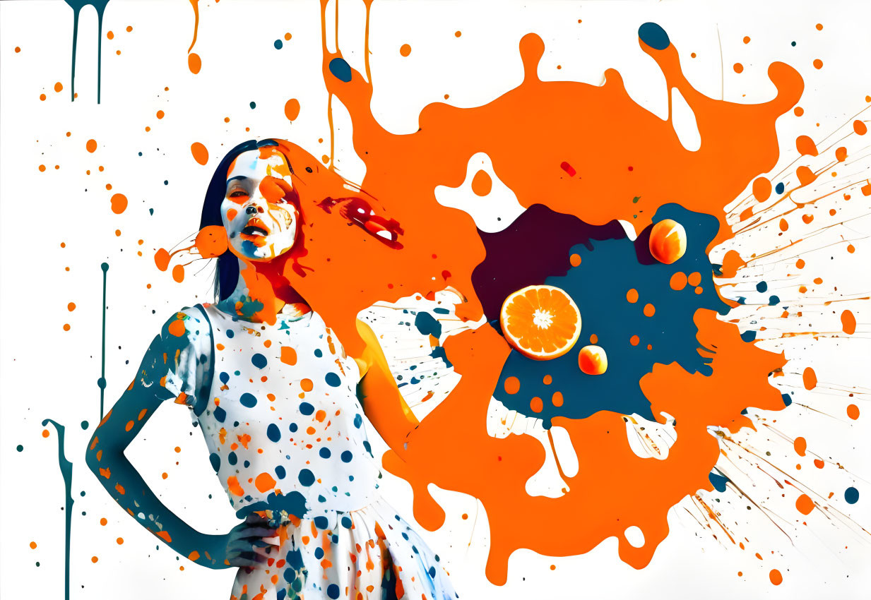 Colorful digital art: Woman's silhouette with orange paint splatters and citrus fruit segments