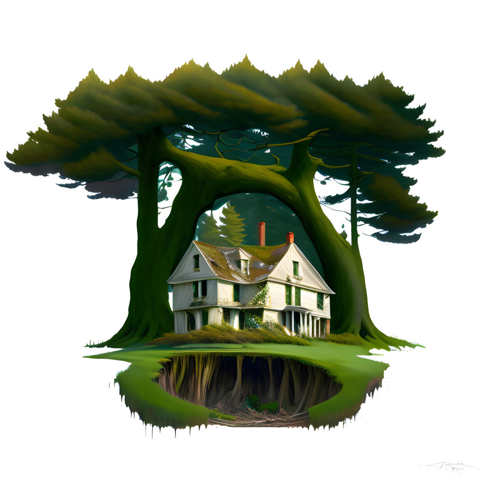 Whimsical illustration of large green tree and Victorian house on floating island