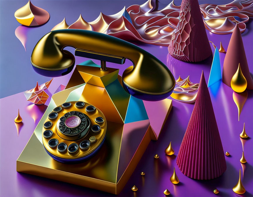 Vibrant surreal artwork: golden rotary phone, flowing shapes on purple.