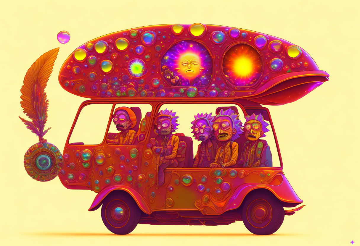 Colorful Psychedelic Van with Sun Roof Design and Eccentric Characters Inside