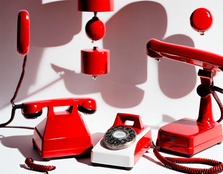 Vintage Red Telephones and Answering Machines with Shadows on White Background