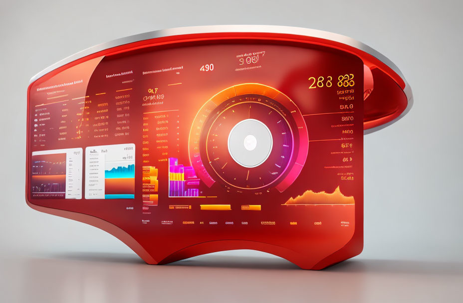 Glowing red futuristic dashboard with data visualizations