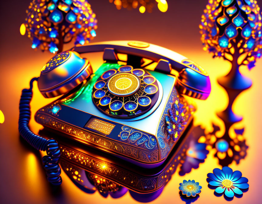 Vibrant surreal image: ornate vintage telephone and neon-lit trees