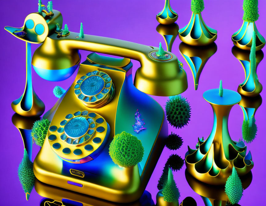 Vibrant 3D illustration of golden vintage rotary phone on purple background