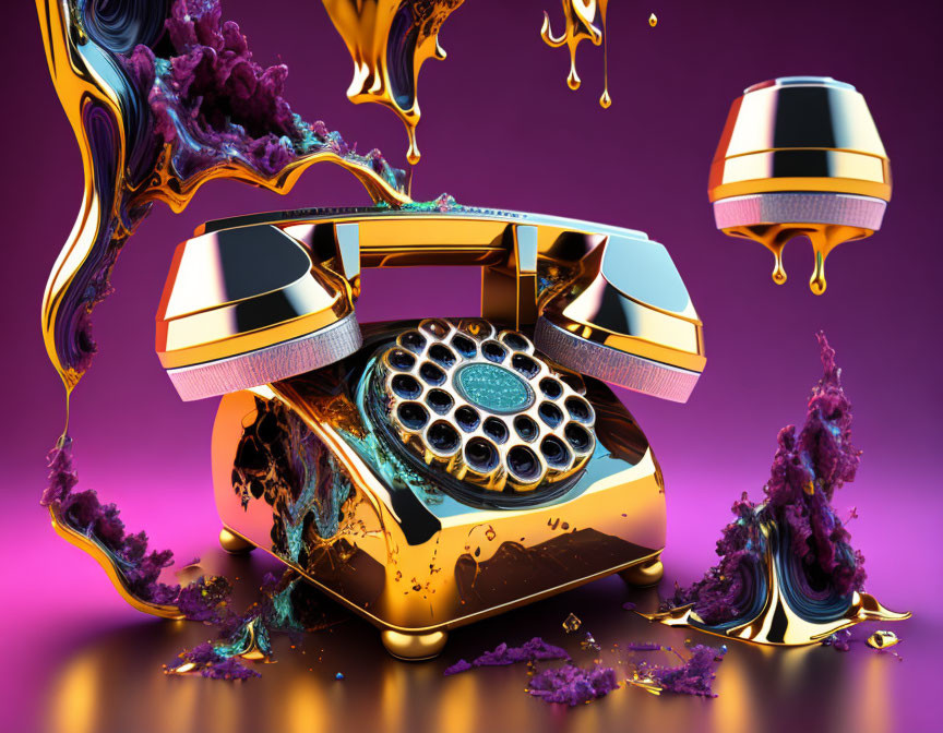 Surreal golden rotary phone with melting details in colorful liquid splash scene