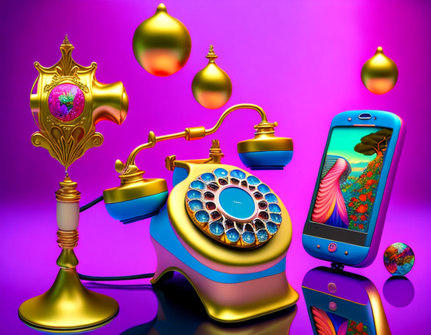 Surreal fusion of rotary phone and smartphone on purple background