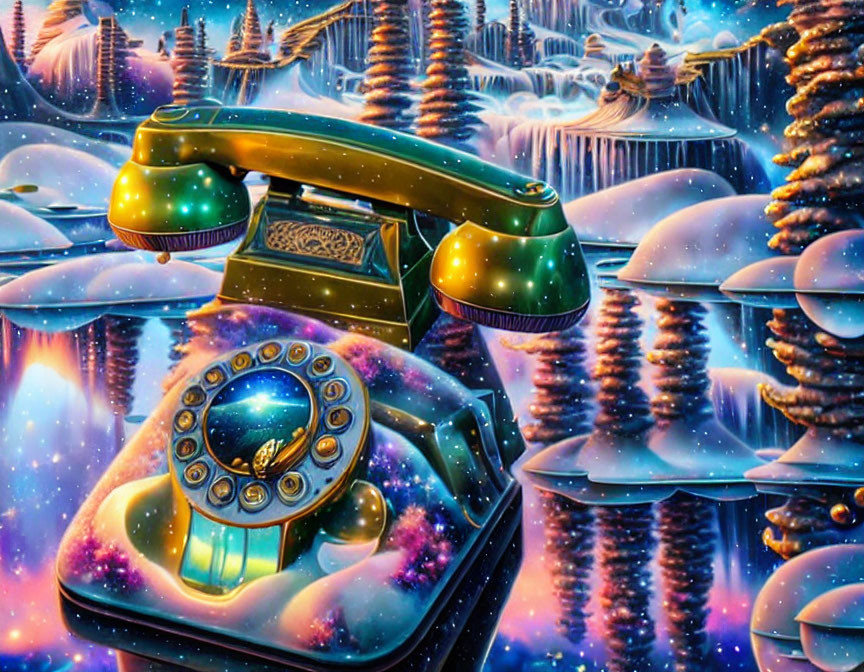 Surreal landscape with rotary phone, starry mountains & cosmic auroras