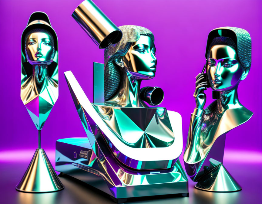 Abstract futuristic scene: chrome mannequin heads, reflective shapes on purple background