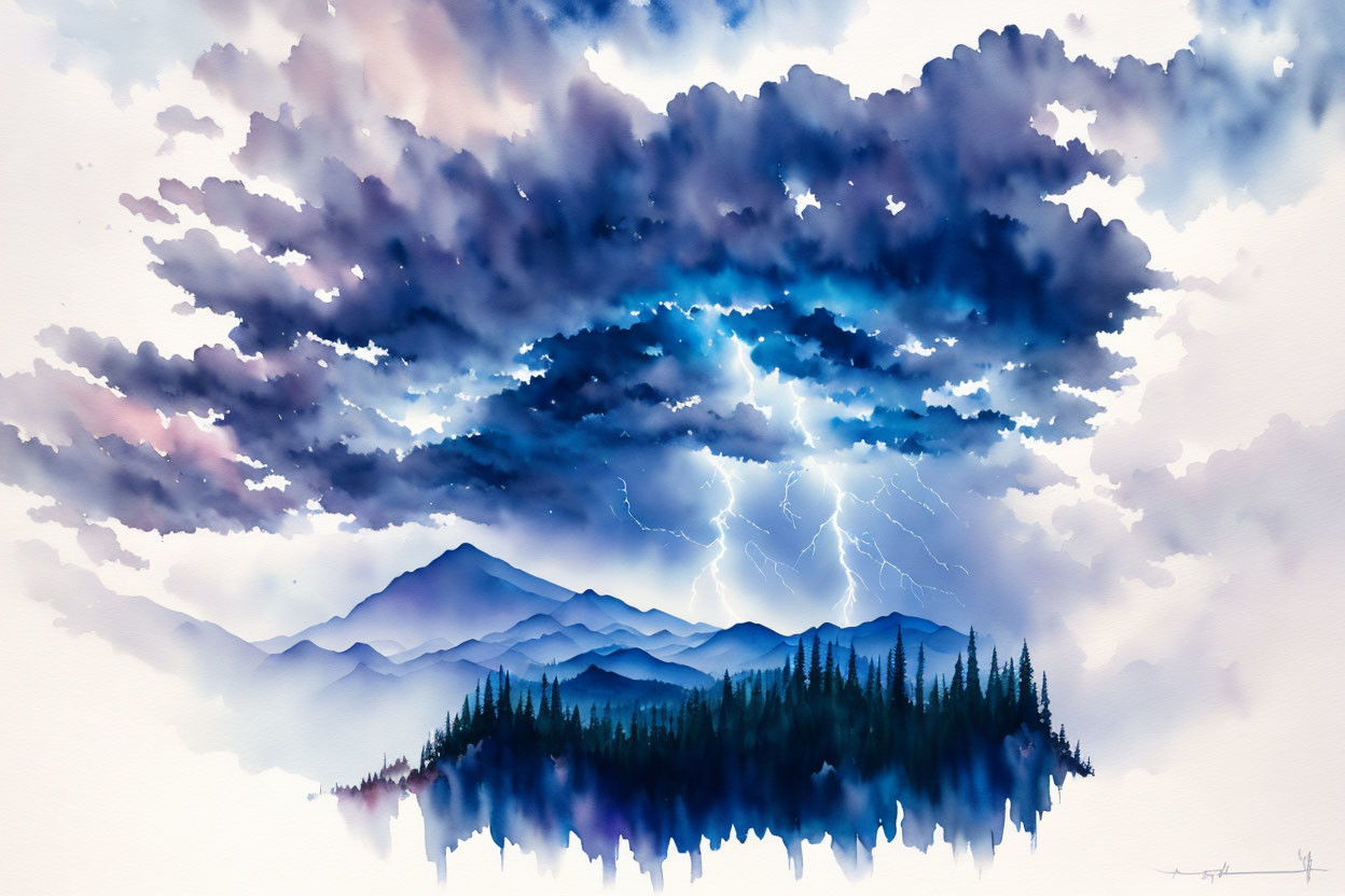 Dramatic watercolor landscape: stormy clouds, lightning, layered mountains, trees.