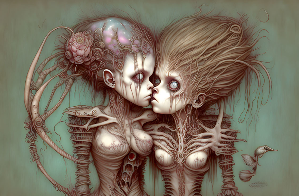 Surreal humanoid figures embracing on muted green background