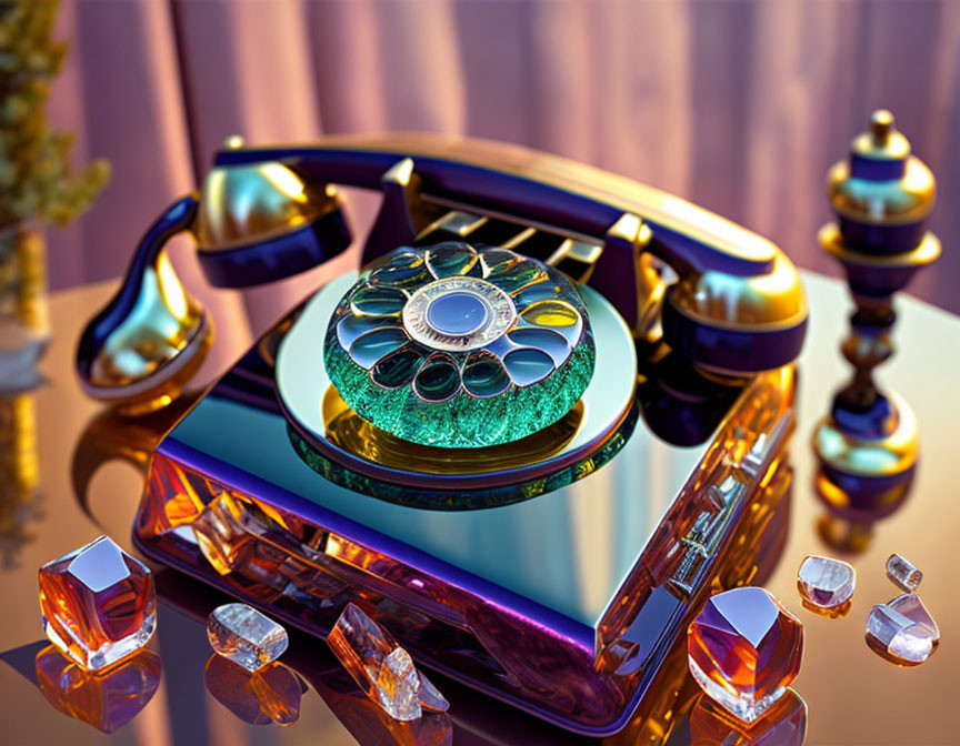 Stylized retro rotary phone with crystal-like structures under warm lighting