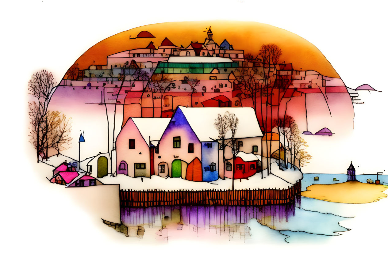 Colorful Village Illustration at Sunset with Reflecting Water