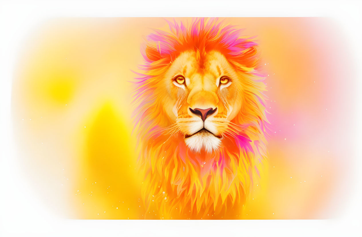 Colorful Lion Artwork with Fiery Mane and Abstract Background