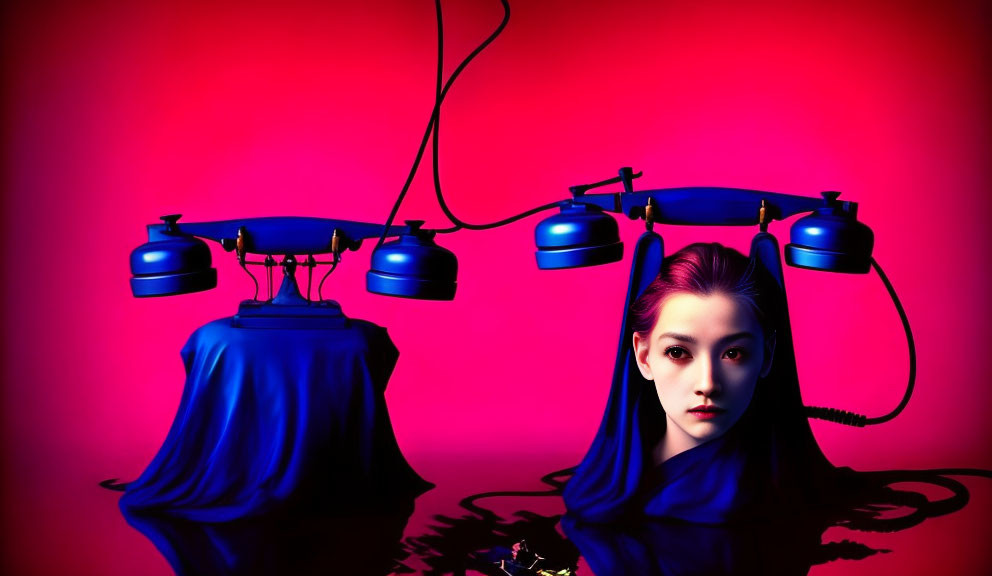 Woman with dramatic makeup posing with vintage telephones on pink backdrop