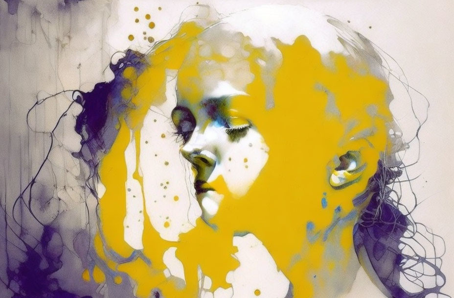 Abstract woman profile with yellow splashes and inky smudges