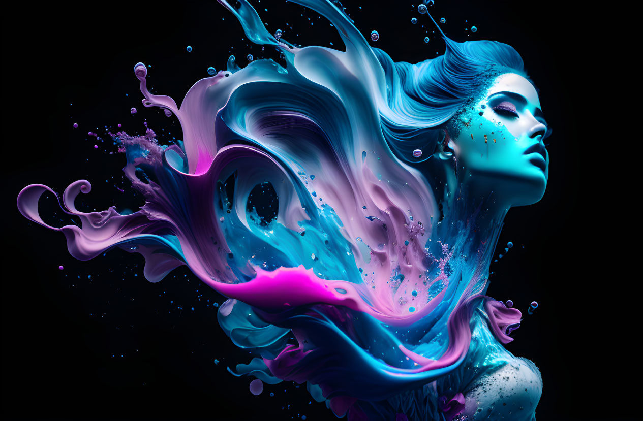 Blue-skinned woman in pink and blue liquid swirls on black background