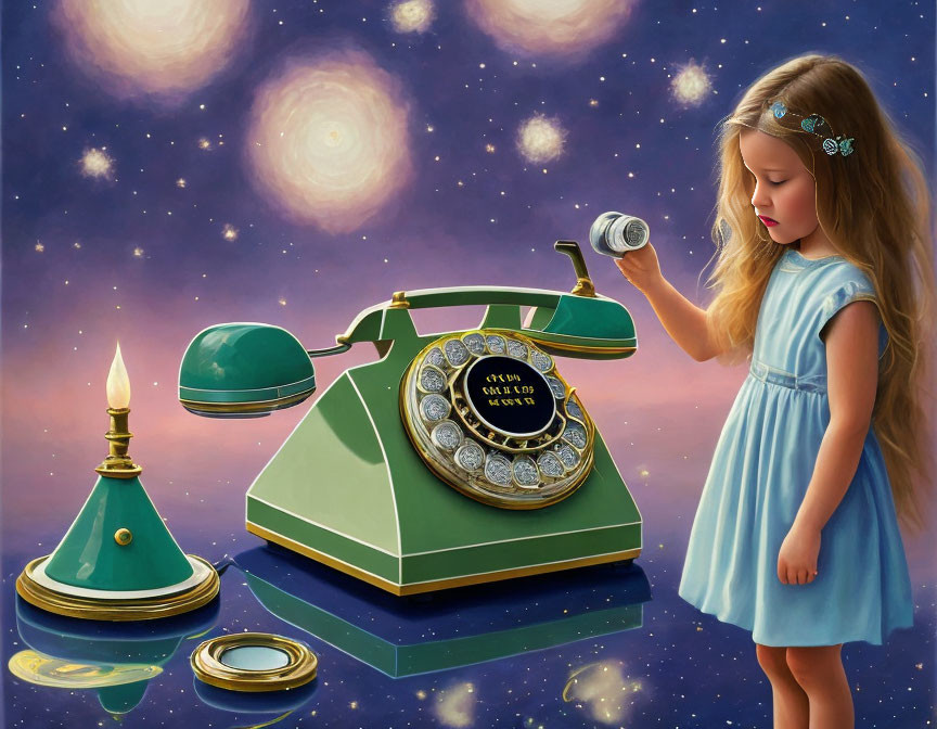 Young girl in blue dress explores vintage green rotary phone under starry sky