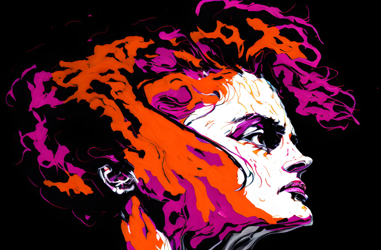 Colorful profile portrait with orange and purple hair on black background.