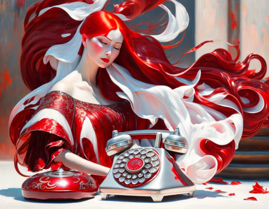 Illustration of woman with red hair and dress next to vintage telephone