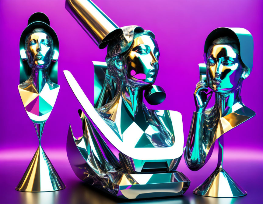 Modern metallic mannequin heads on purple background, one whispering.