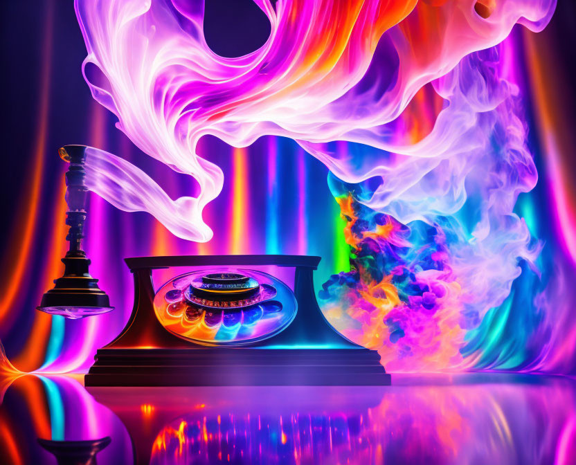 Colorful Abstract Smoke Swirls Around Antique Telephone Under Dynamic Lighting