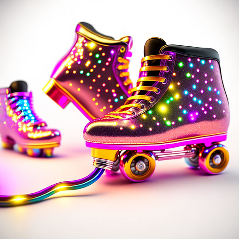 Vibrant LED Roller Skates with Multicolored Laces on Gradient Background