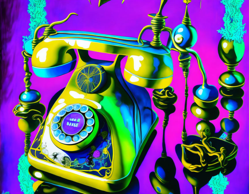 Colorful Psychedelic Painting of Exaggerated Rotary Telephone