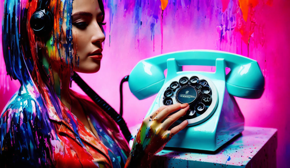 Colorful Woman Dialing Retro Rotary Phone with Paint Splatters