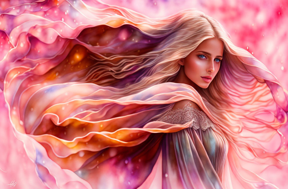 Digital art portrait of woman with flowing hair and galaxy-like cloak on pink backdrop