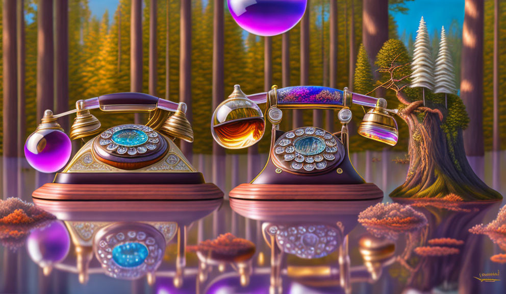 Vintage telephones in surreal forest with purple orbs and reflective surfaces