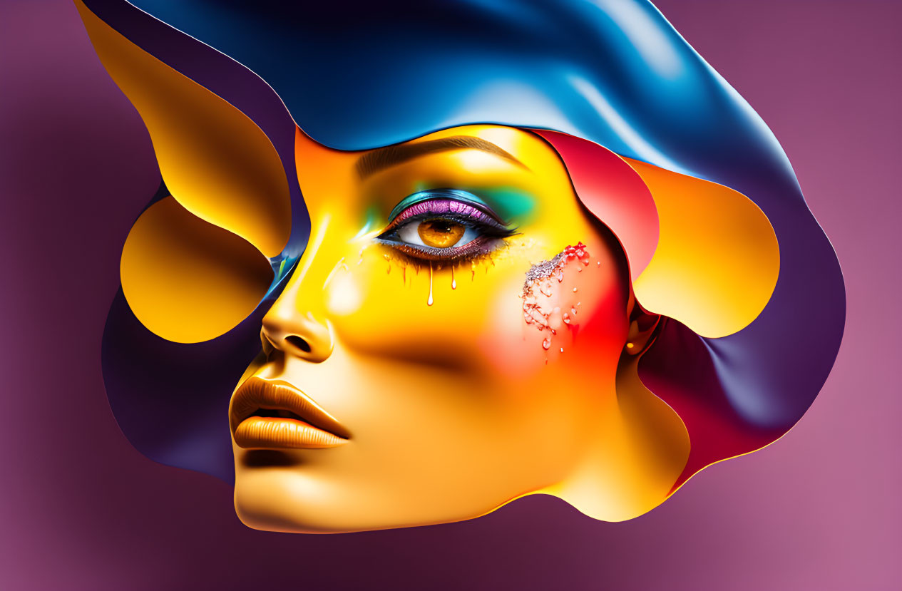 Vibrant surreal digital art of a melting woman's face