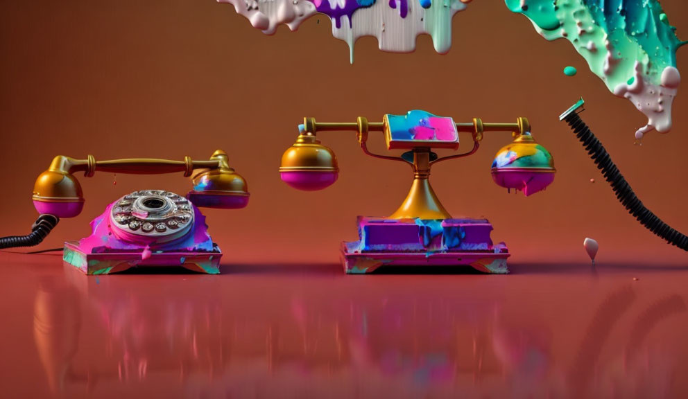 Colorful Vintage Telephones Melted in Paint on Reflective Surface