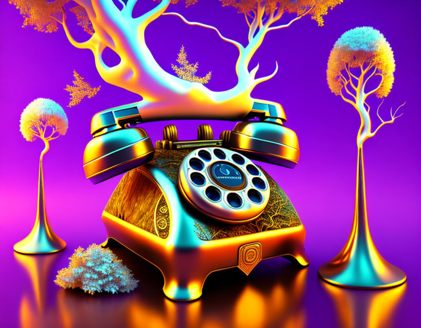 Colorful Vintage Telephone Artwork with Surreal Trees on Purple Background