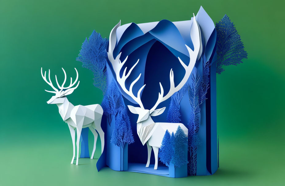 Paper Art Display Featuring White Deer Figures and Blue 3D Pop-Up Forest Book on Green Background