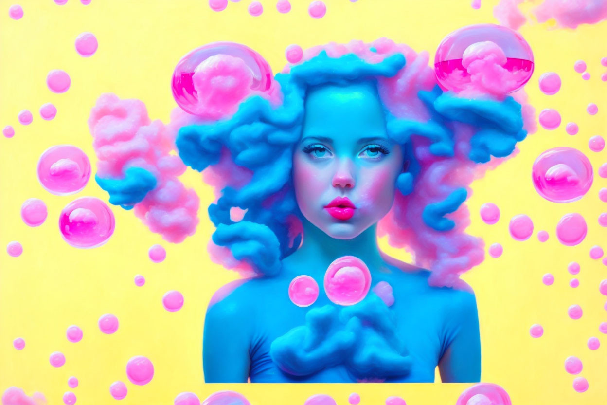 Vibrant blue-skinned person with cotton candy hair on yellow background